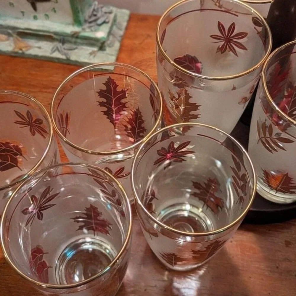 Vintage‎ MCM Gold Leaf Libbey Frosted Tumblers Set of 4 Cocktail Glasses